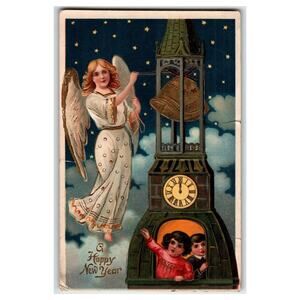Vintage 1909 Embossed Christmas New Year Angel & Children Postcard